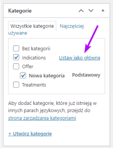 Kategorie wpisu: strzałka wskazuje link Ustaw jako główną