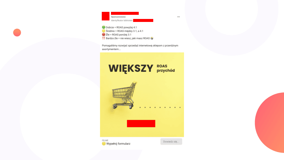 Reklama Meta z legendą oceny wyniku ROAS: dobrze, średnio, źle