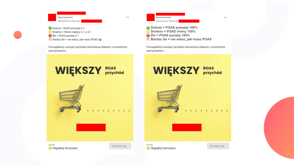 Dwie wersje reklamy Meta: legenda ROAS kontra legenda POAS