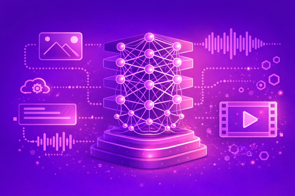 Jak deep learning przetwarza obraz, dźwięk i wideo Wizualizacja sieci neuronowej deep learning z ikonami danych