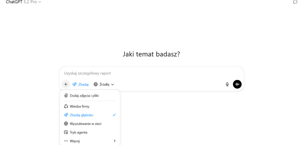 Jak włączyć Deep Search w ChatGPT krok po kroku Menu ChatGPT 5.2 Pro z zaznaczoną opcją Zbadaj głęboko
